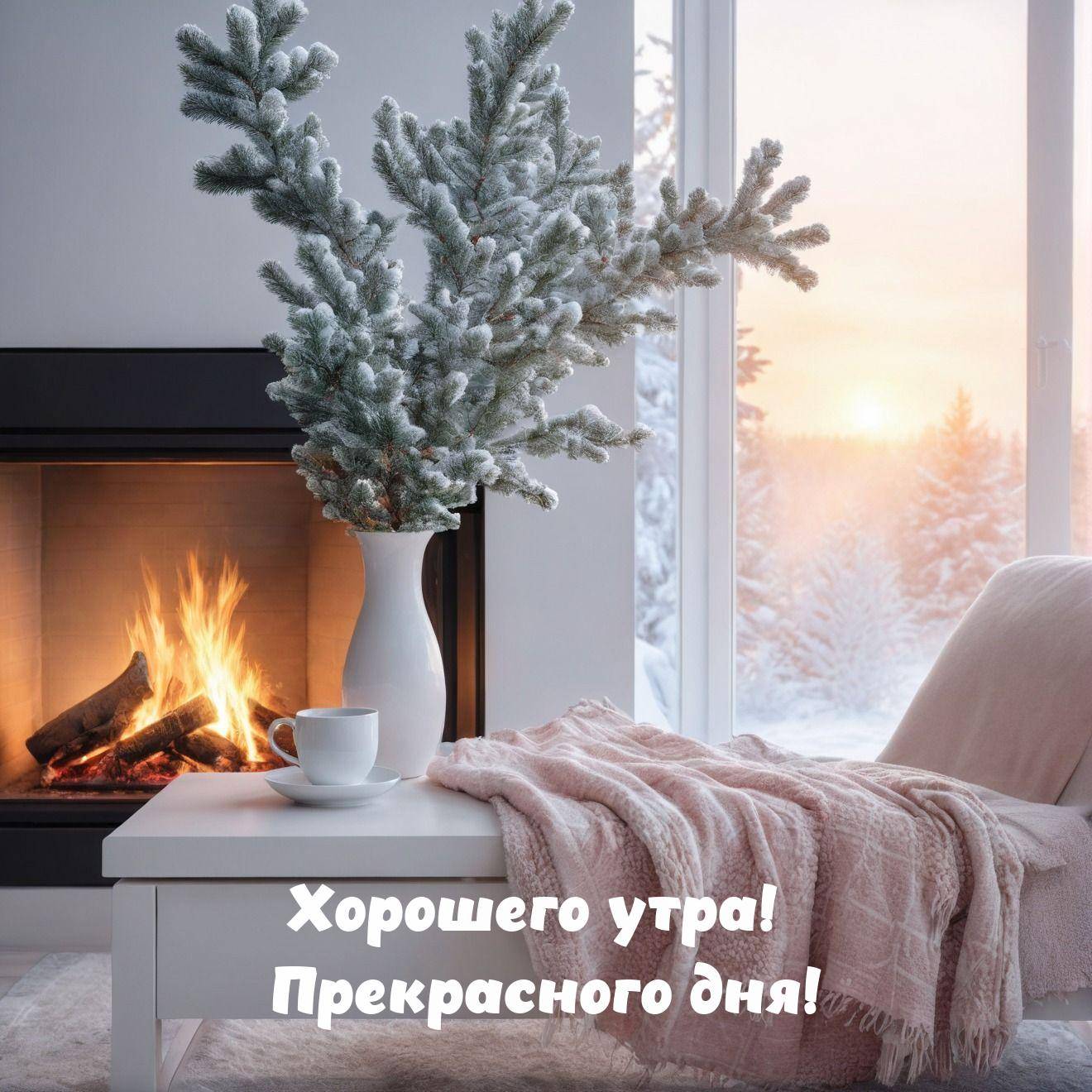 Заснеженная ветка в вазе у камина, раннее утро
