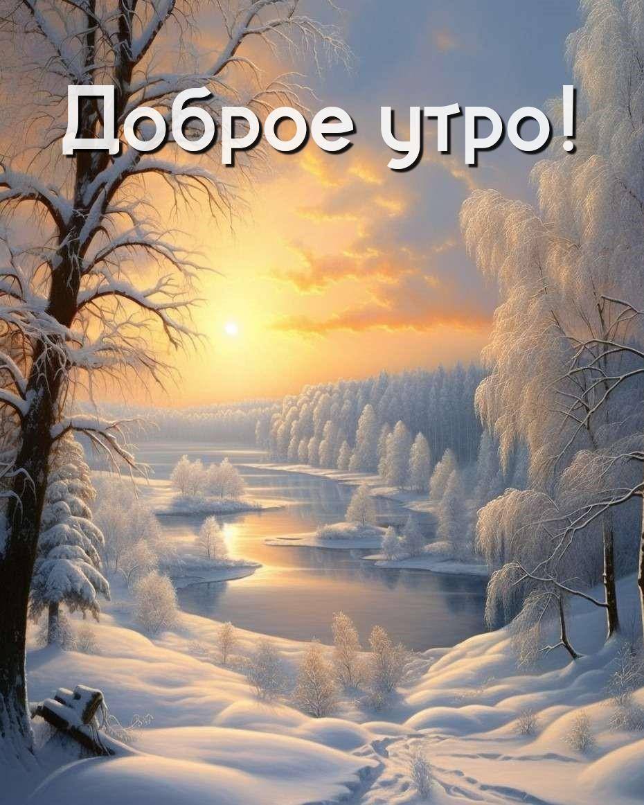 Заснеженные деревья и река на фоне оранжевого неба