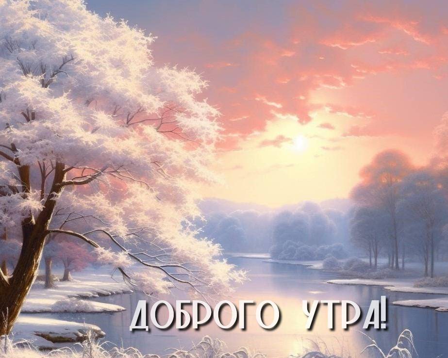 Заснеженные деревья и река на рассвете