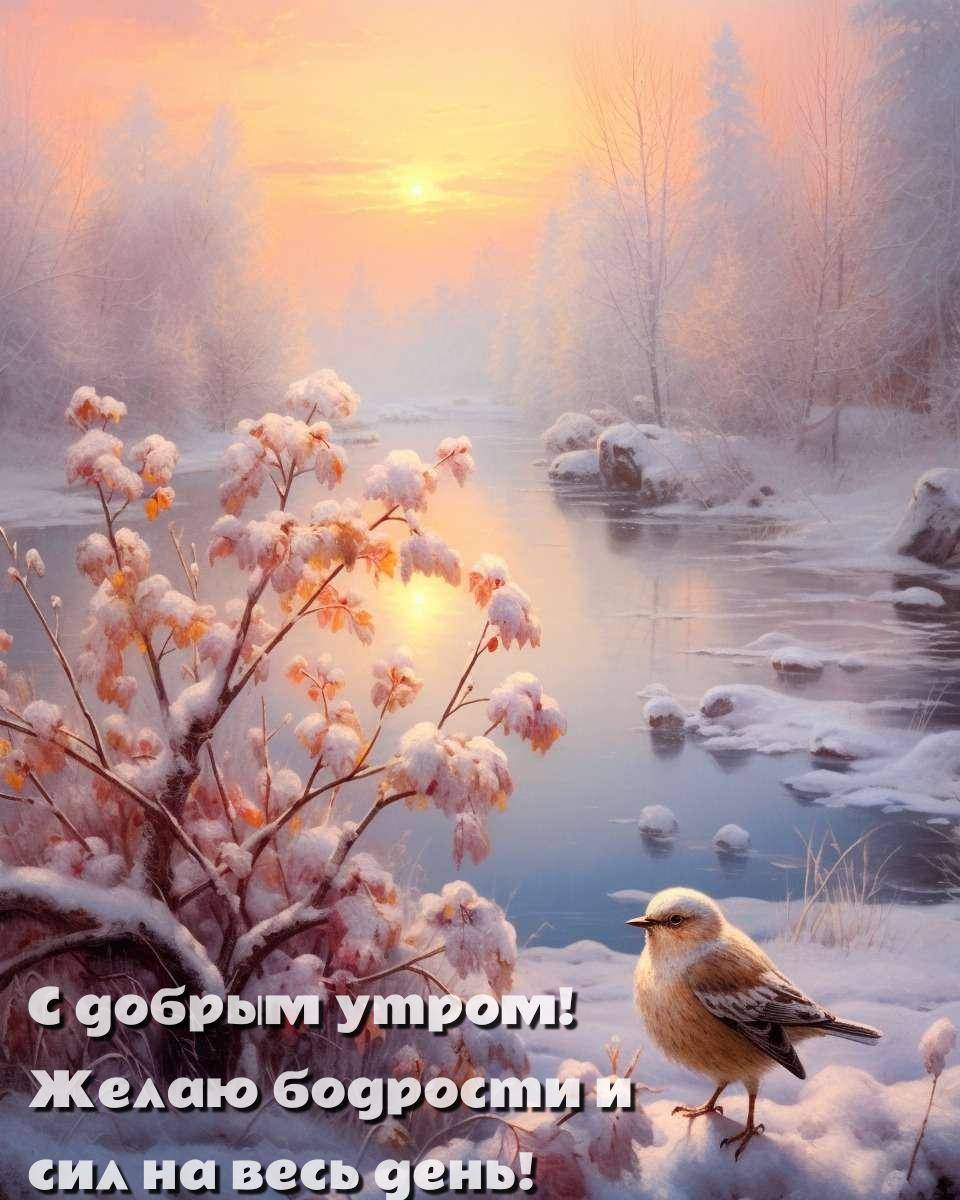 Заснеженные деревья, река, птица на переднем плане
