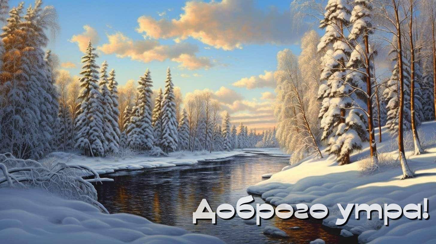 Заснеженные деревья у реки, ясный зимний день