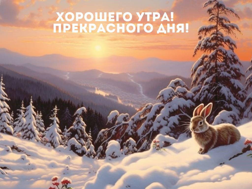 Заснеженные деревья, заяц на переднем плане