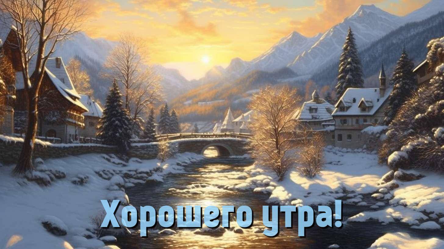 Заснеженные дома у реки, горы, утренний свет