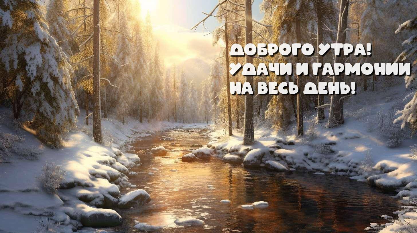 Заснеженный лес и река при свете утра