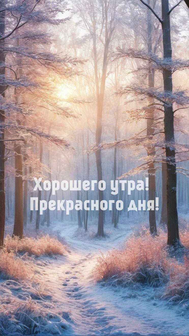 Заснеженный лес, солнечный свет сквозь деревья