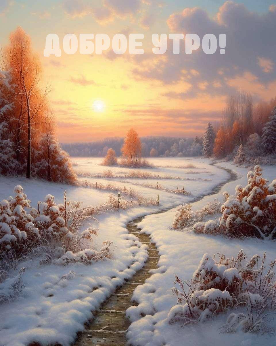 Заснеженный пейзаж с тропинкой и деревьями