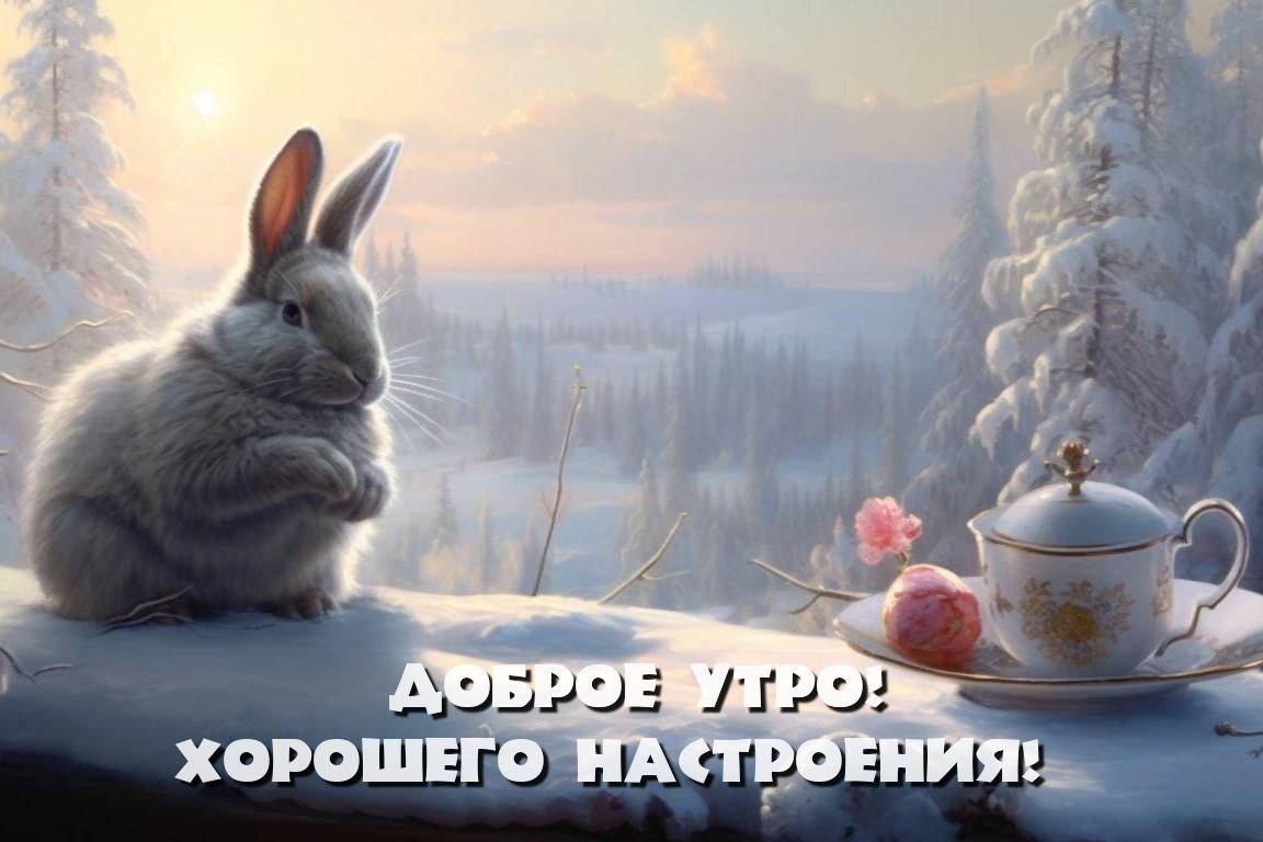 Заяц на снегу рядом с чайником и цветком