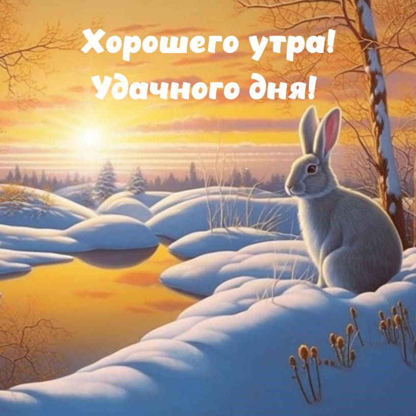 Заяц на снегу у реки в зимний рассвет