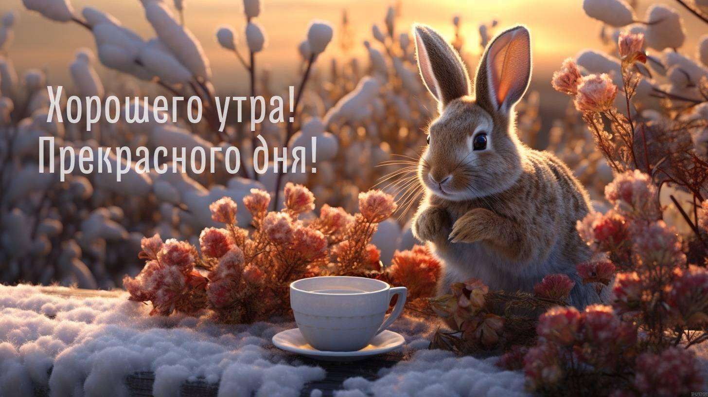 Заяц рядом с чашкой на снегу, окруженный розовыми цветами
