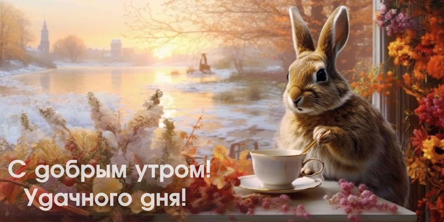 Заяц с чашкой чая на фоне реки и цветов