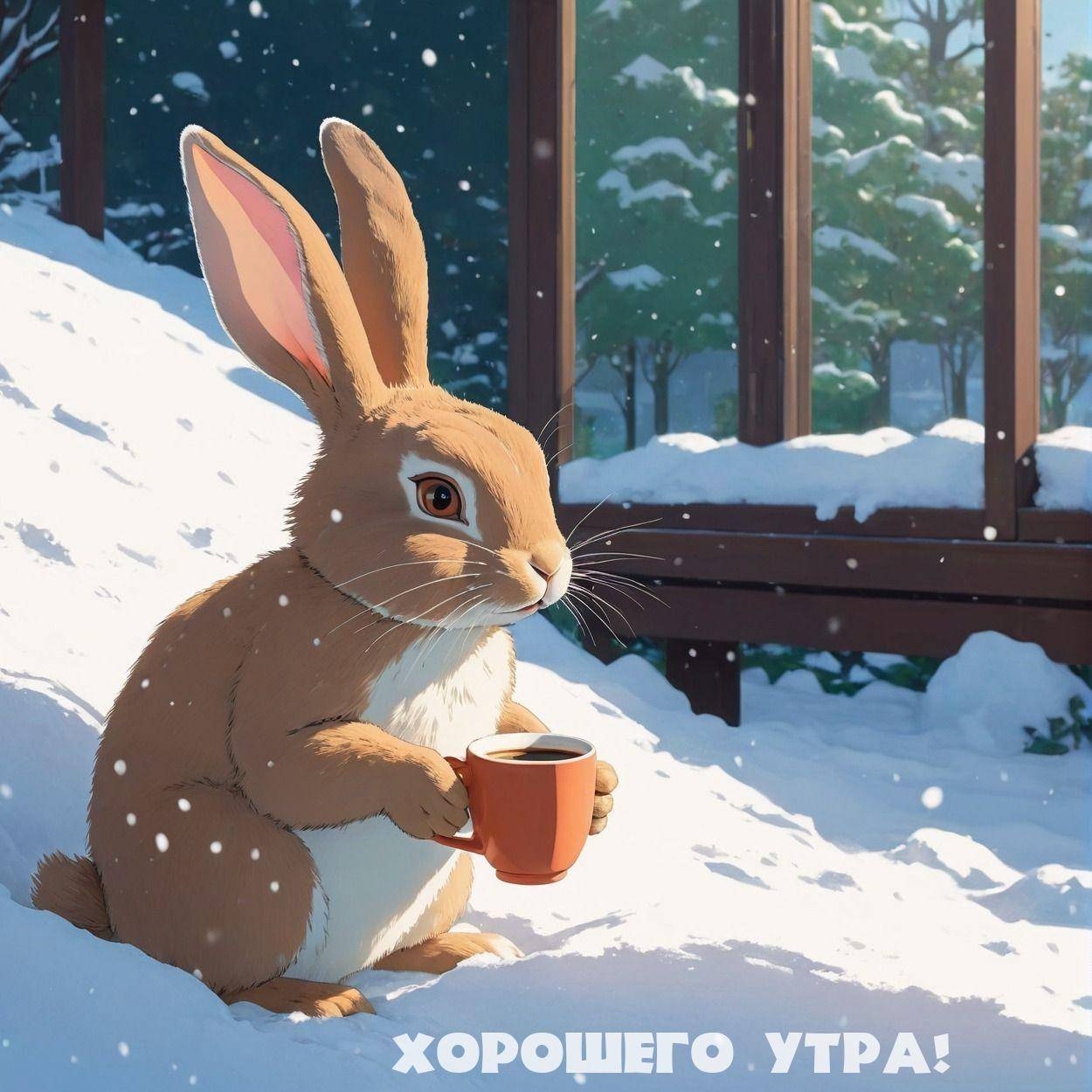 Заяц с чашкой на снегу у забора