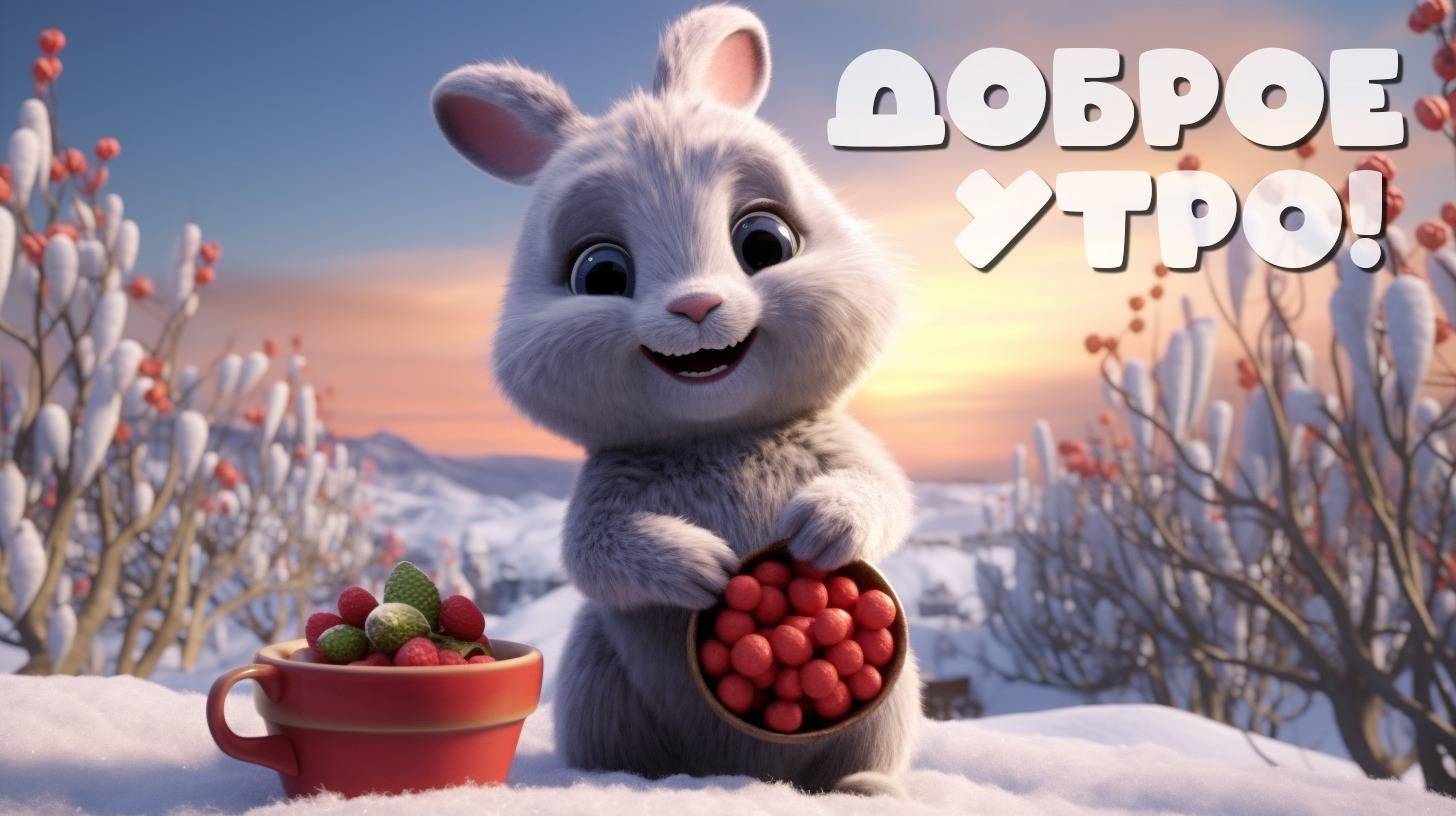 Заяц с корзиной ягод на снегу