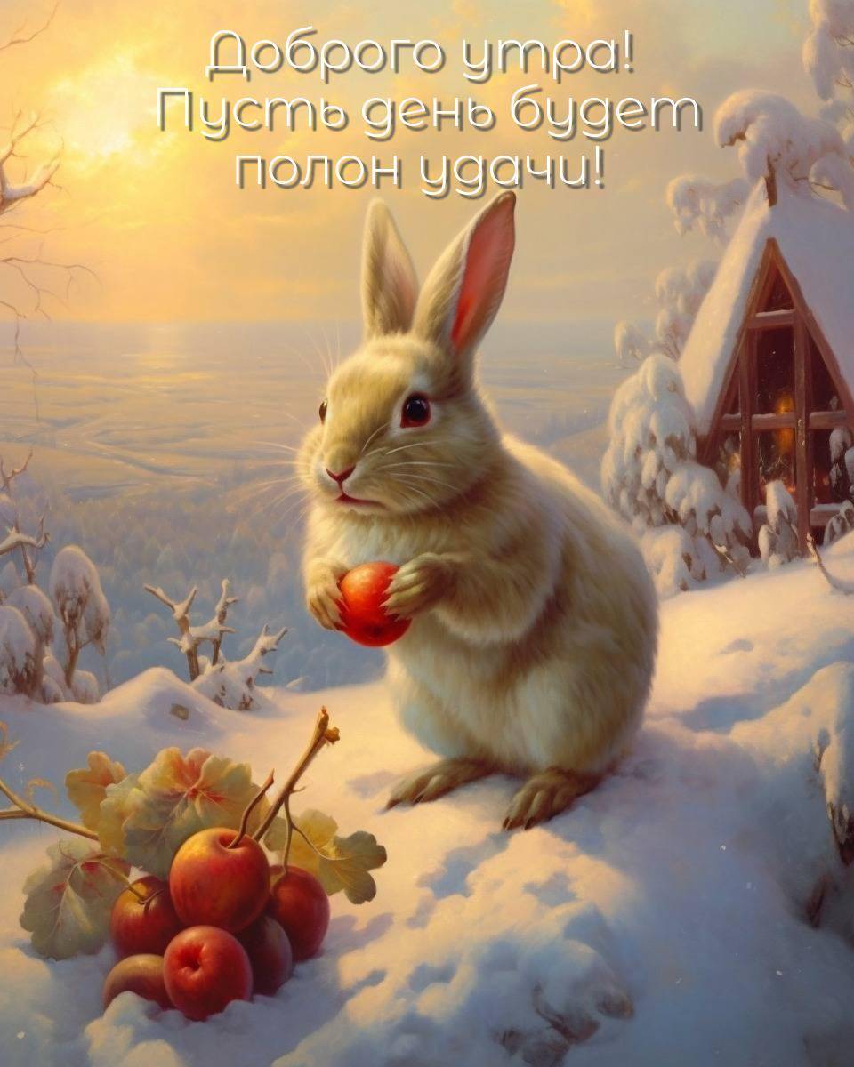 Заяц с яблоком на снегу у деревянного дома