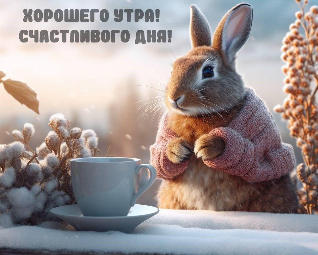 Заяц в свитере рядом с чашкой на снегу, зимний пейзаж