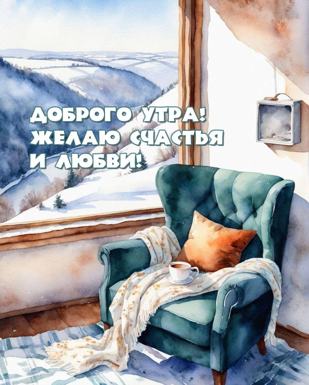Зелёное кресло с оранжевой подушкой у окна с видом на заснеженные холмы