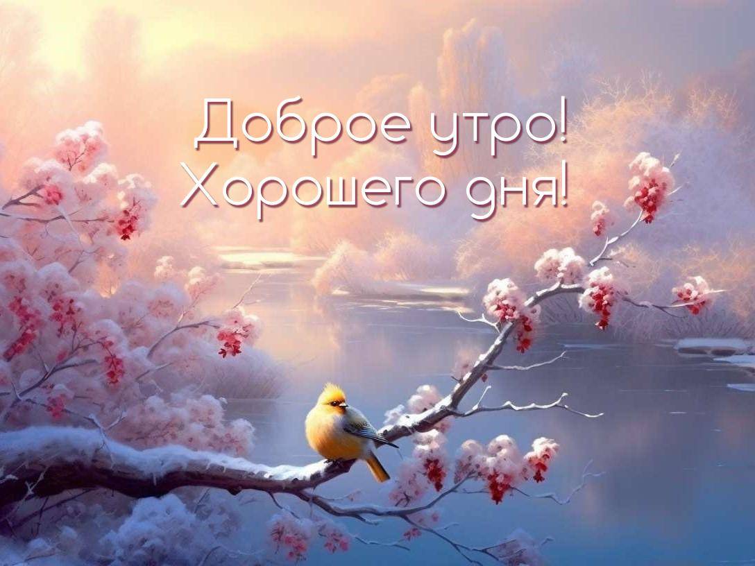 Желтая птица на снежной ветке, река, цветущие деревья