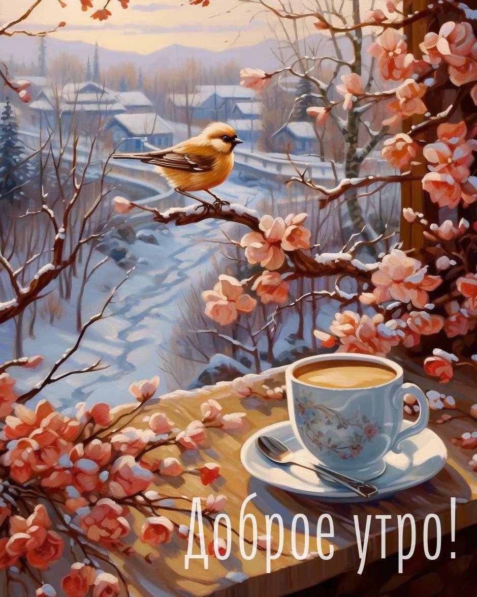 Желтая птица на ветке, цветы, чашка кофе на столе