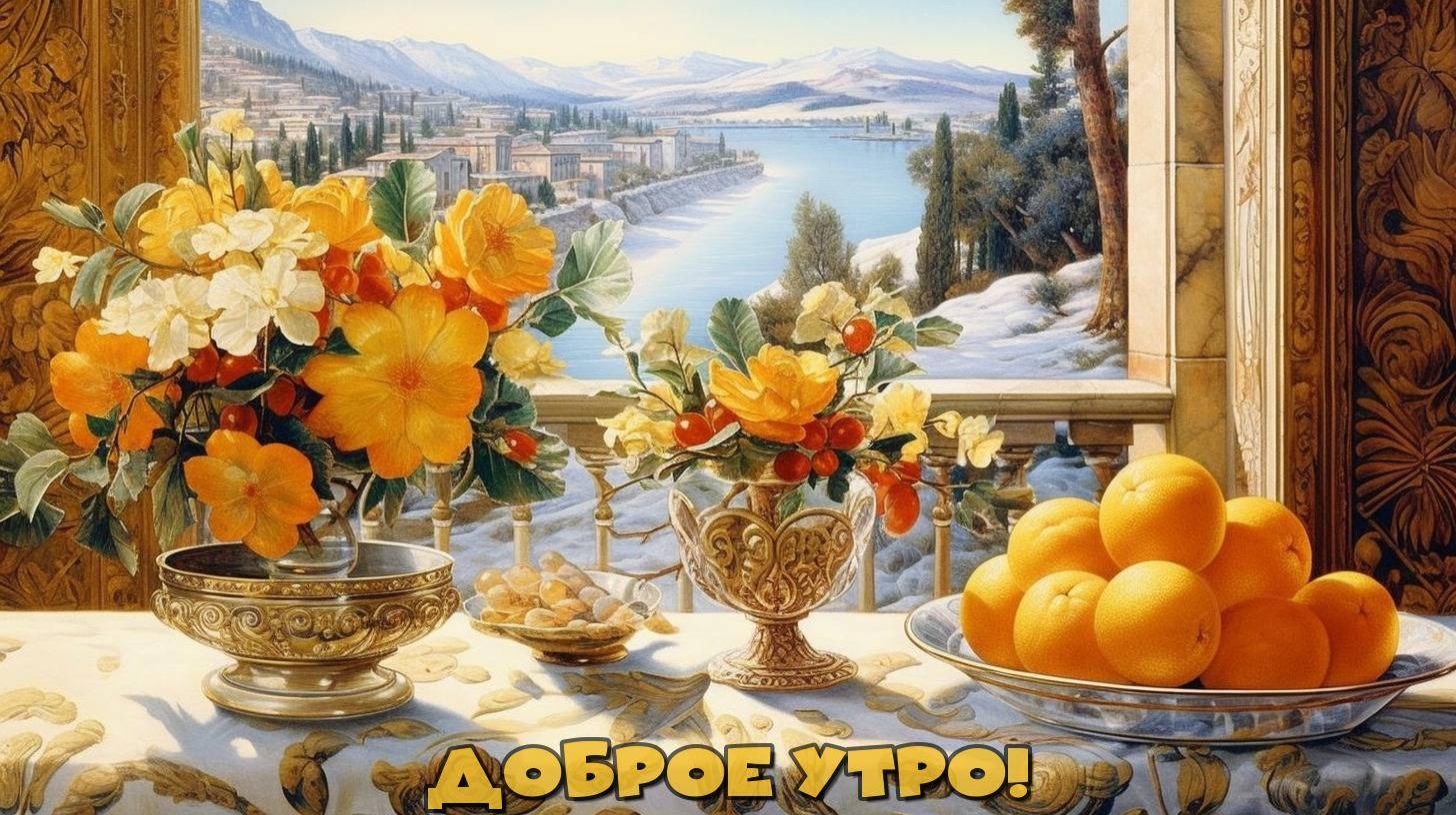 Живописная композиция с желтыми цветами и апельсинами