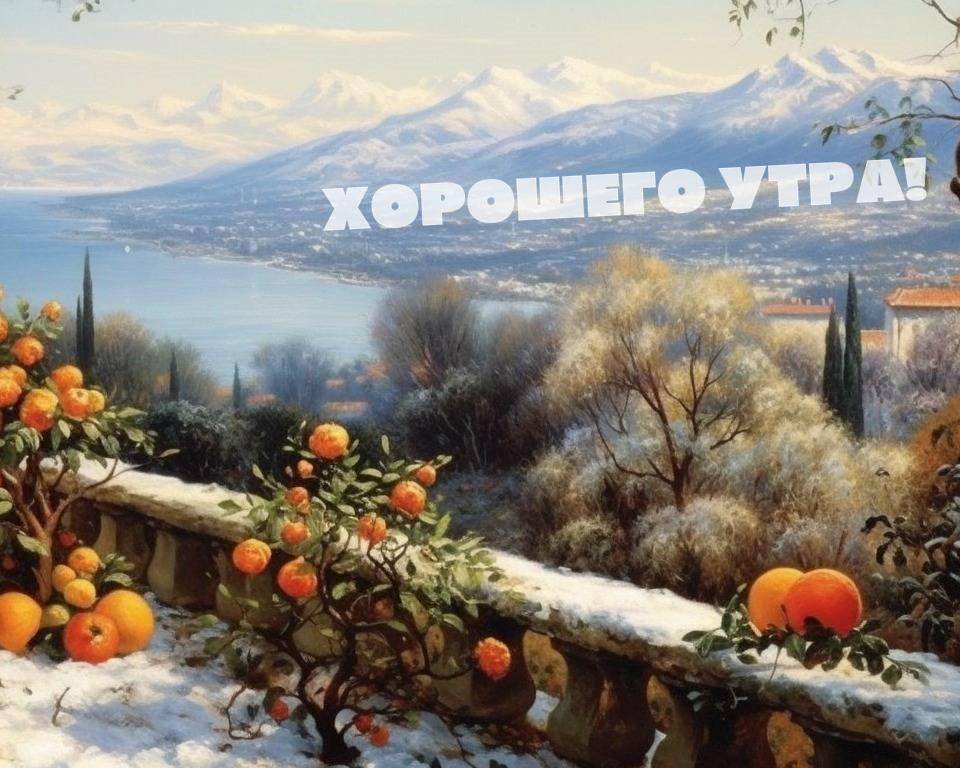 Зимний пейзаж с апельсинами на переднем плане