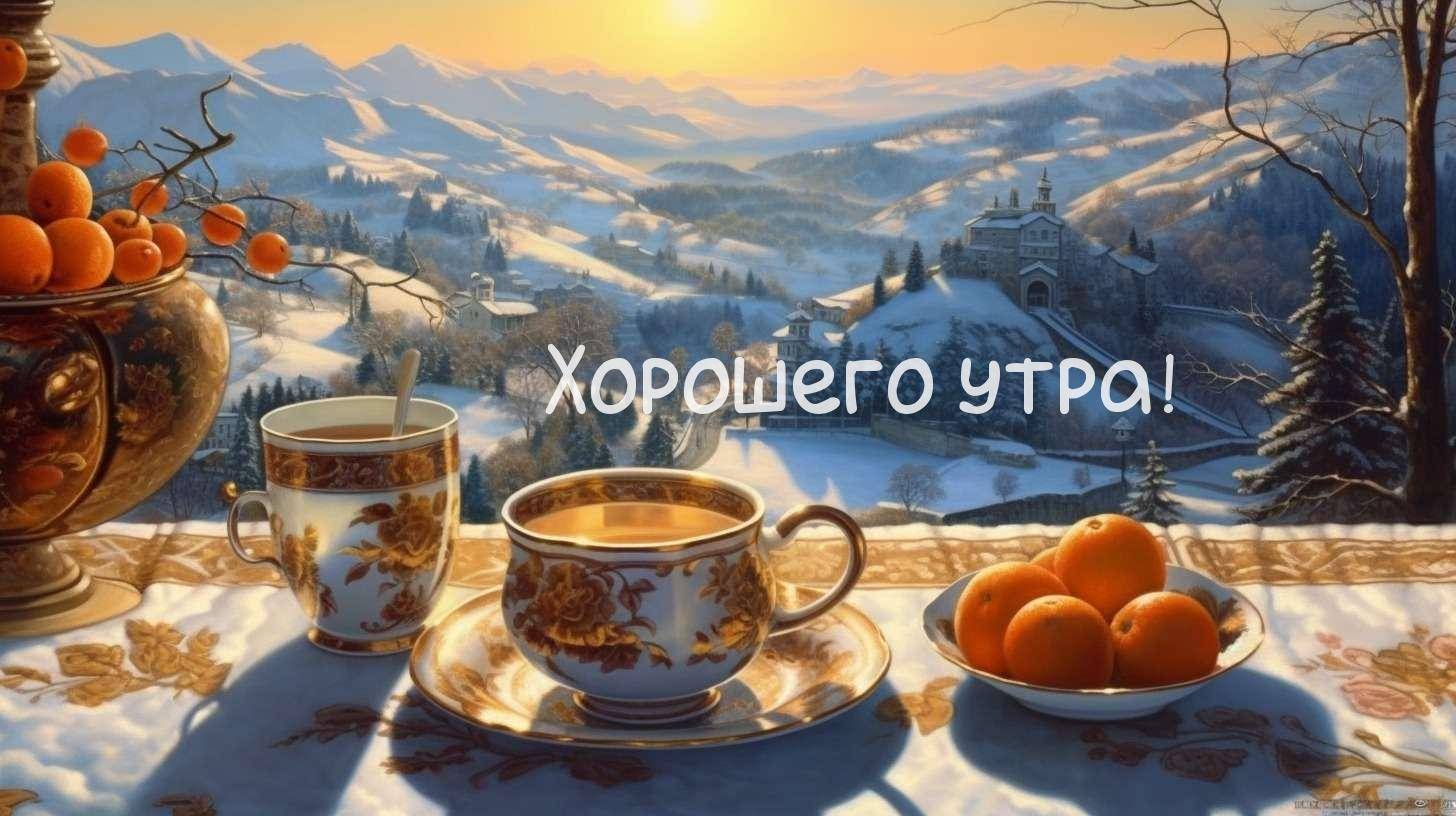 Зимний пейзаж с чашками и апельсинами