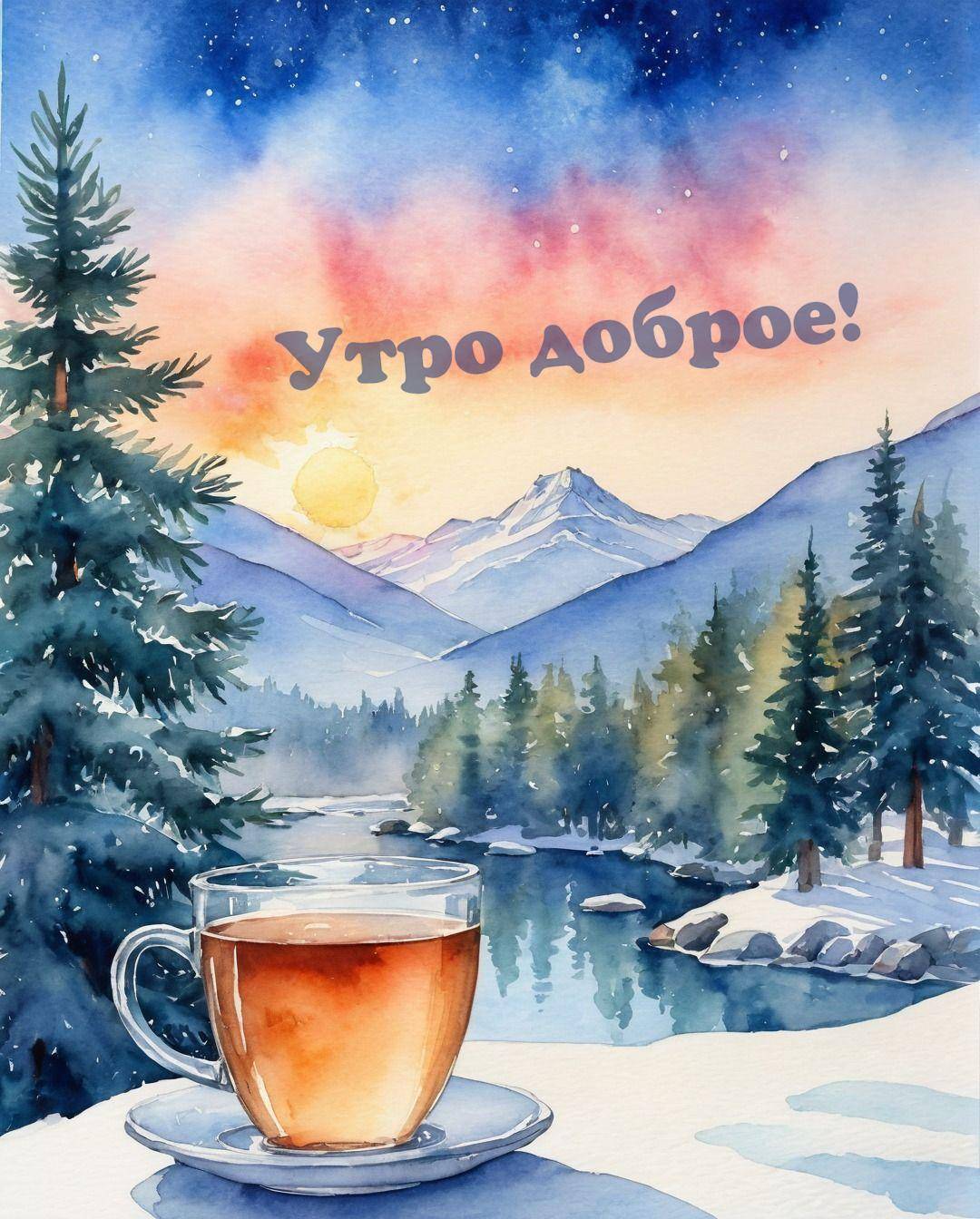 Зимний пейзаж с чашкой чая на переднем плане