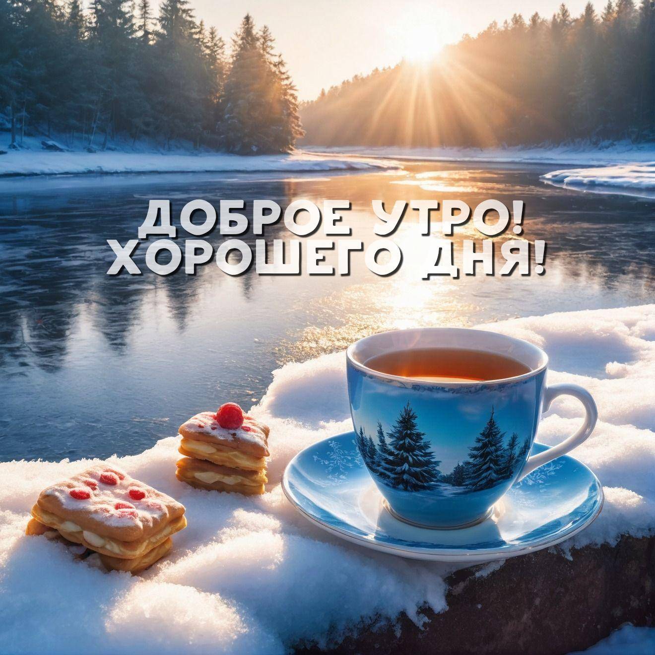 Зимний пейзаж с чашкой и печеньем на снегу