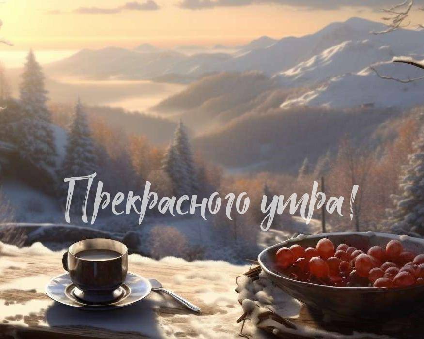 Зимний пейзаж с чашкой кофе и фруктами
