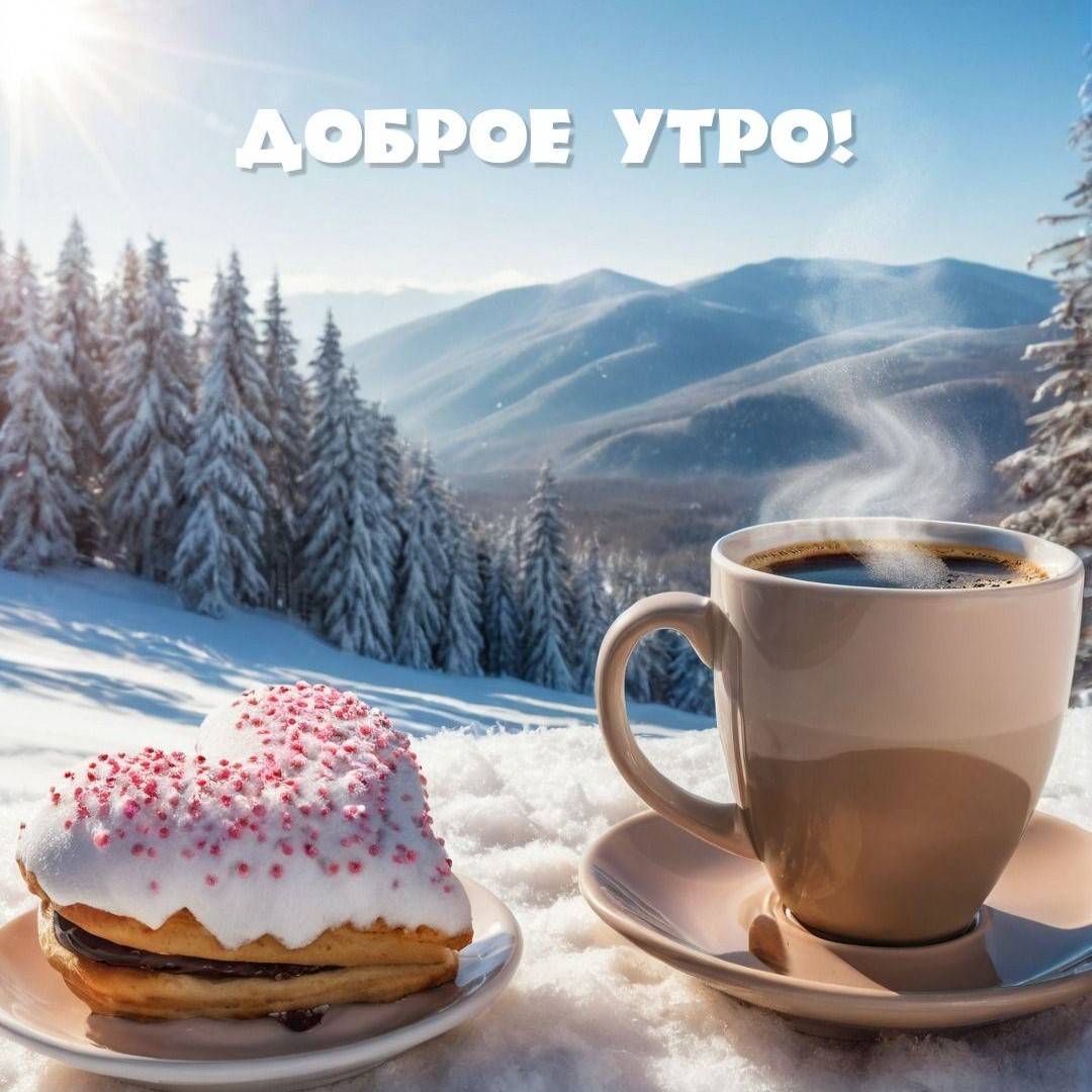 Зимний пейзаж с чашкой кофе и сладкой выпечкой