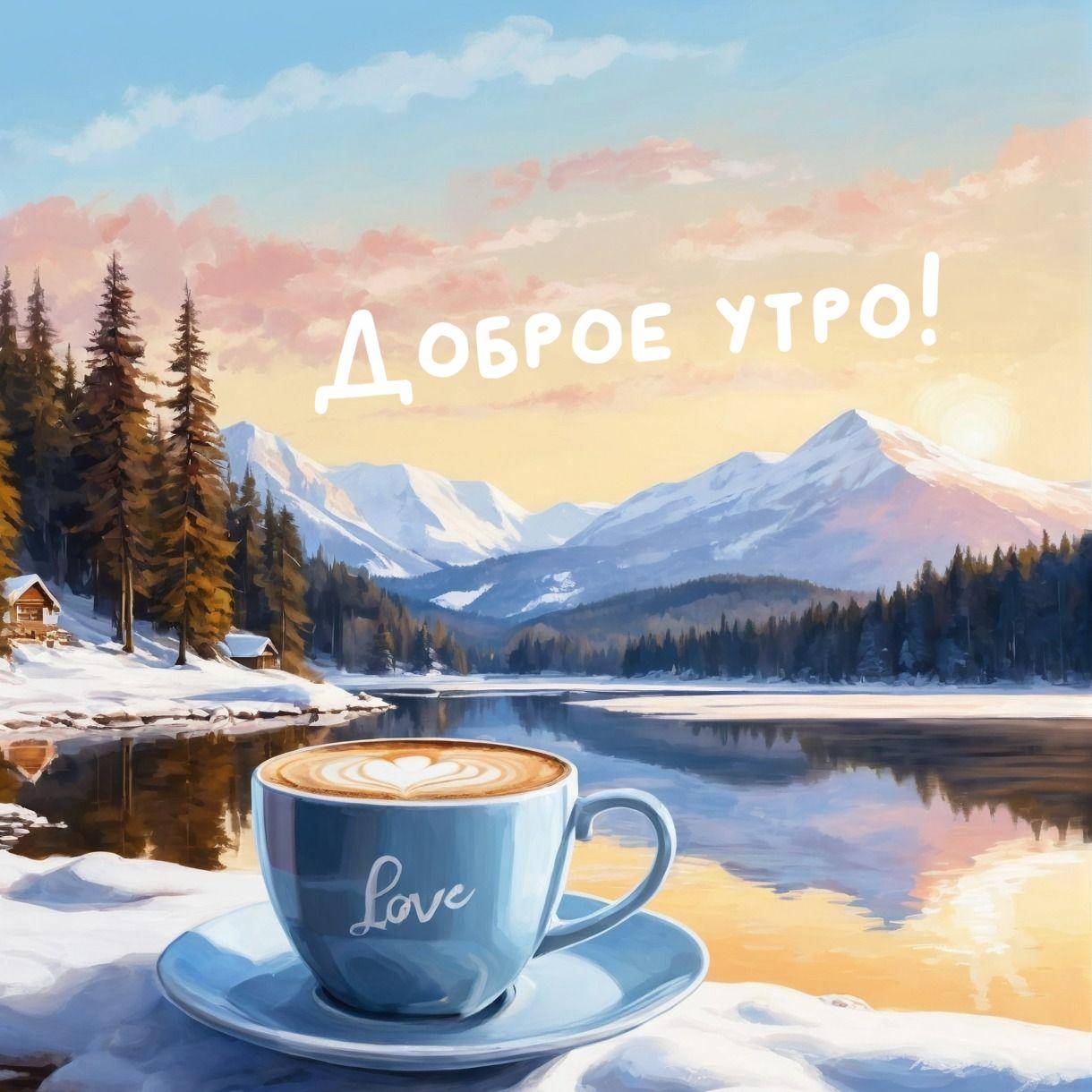Зимний пейзаж с чашкой кофе на переднем плане