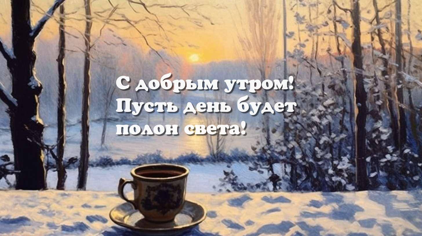 Зимний пейзаж с чашкой кофе на подоконнике