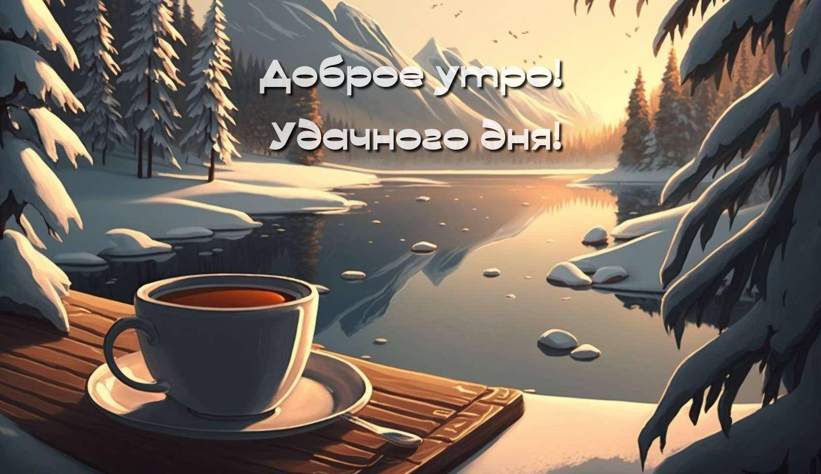 Зимний пейзаж с чашкой на переднем плане