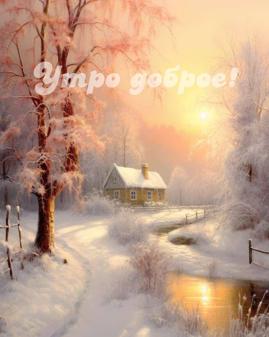 Зимний пейзаж с домиком у реки и деревьями в снегу