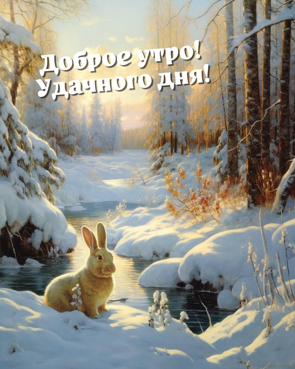 Зимний пейзаж с кроликом у ручья, снег на деревьях