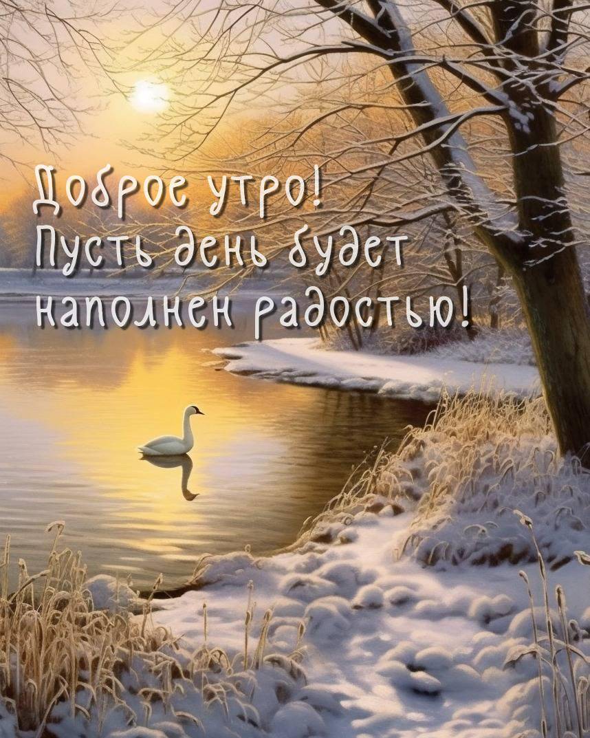 Зимний пейзаж с лебедем на реке, снегом и деревьями