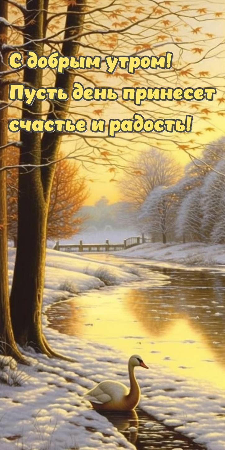 Зимний пейзаж с лебедем на реке, снегом и деревьями