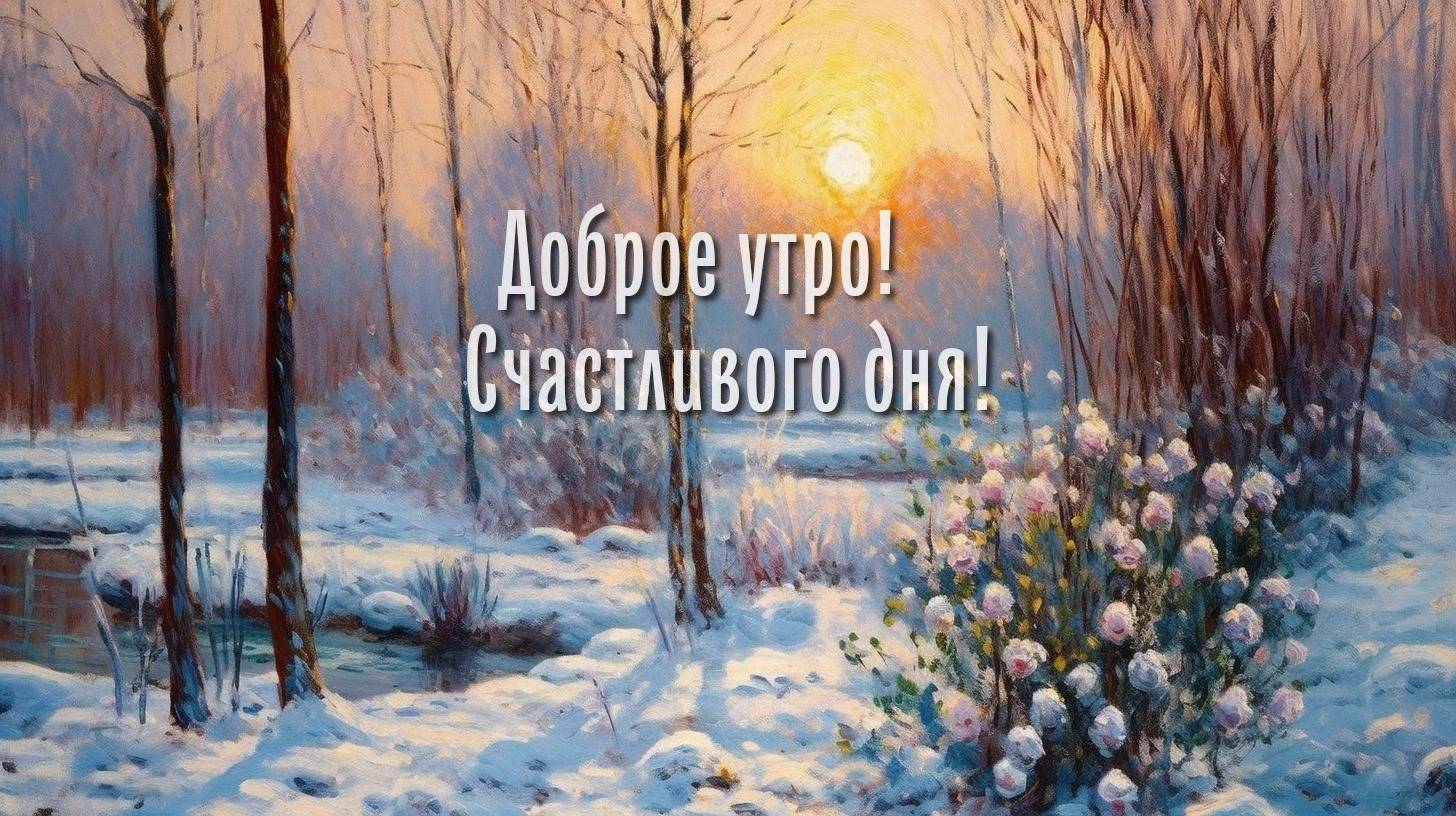 Зимний пейзаж с рекой и деревьями в снегу