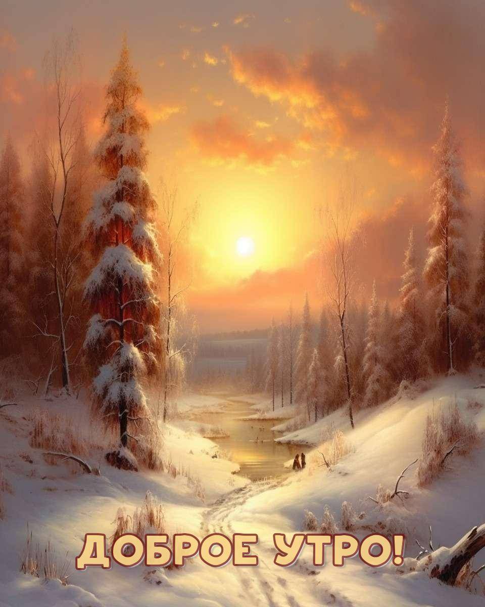 Зимний пейзаж с рекой и снегом, теплый свет солнца