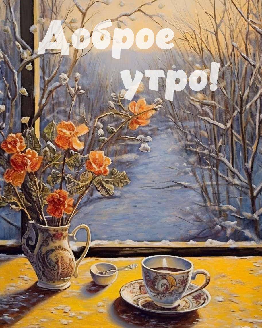 Зимний пейзаж с цветами и чашкой на подоконнике