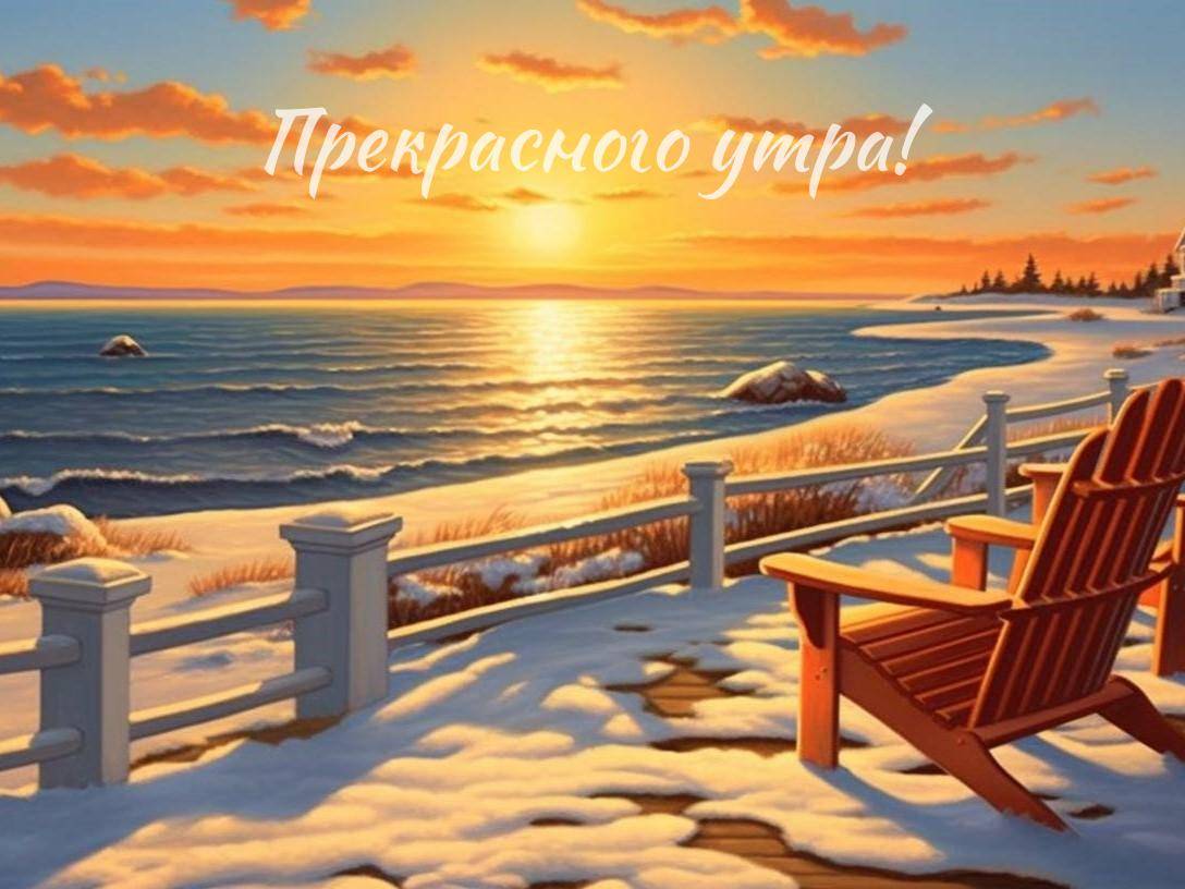 Зимний пейзаж, солнце над морем, снег, кресло у забора