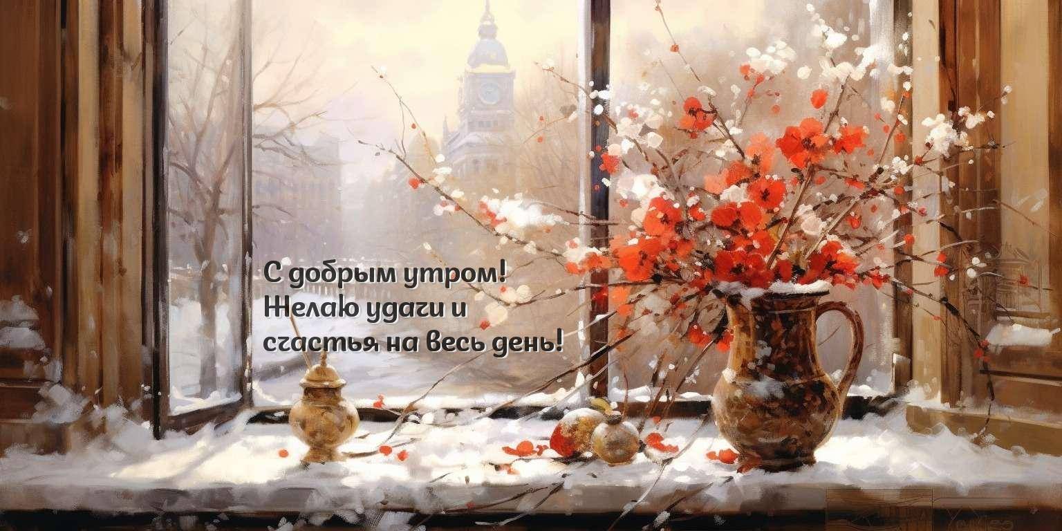 Зимний вид из окна, ваза с ветками, снег